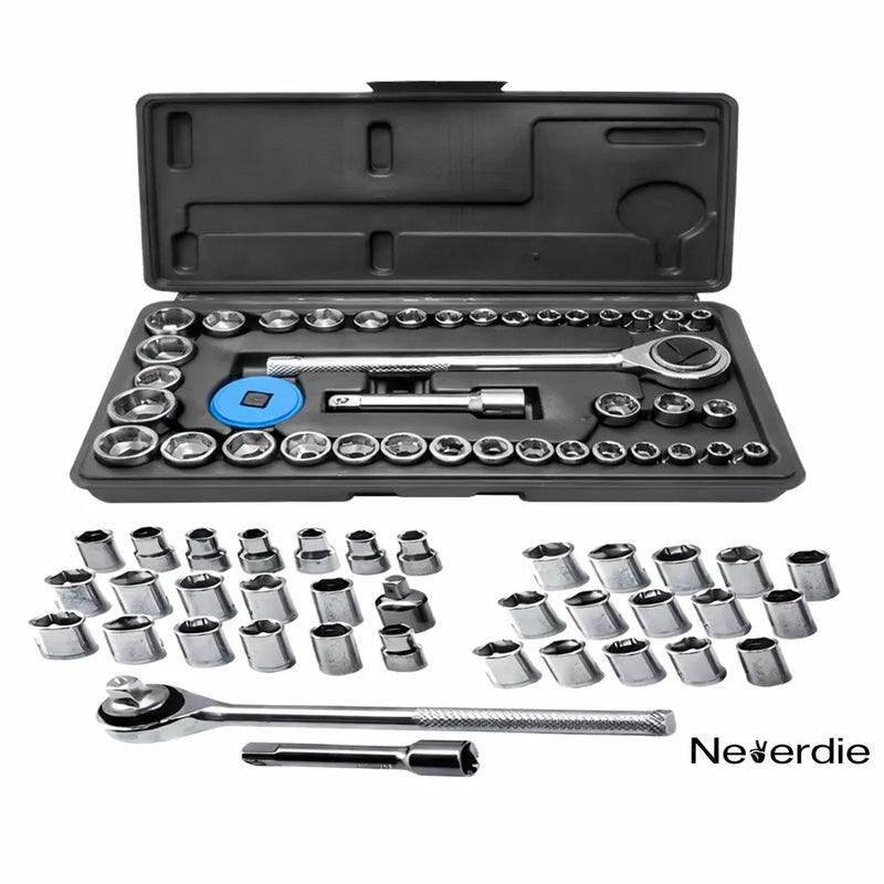 Jogo de Soquetes com Catraca Reversível Profissional 40 Peças – Encaixe 1/4” e 3/8”