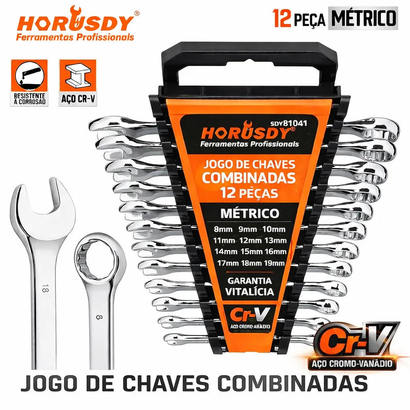 Jogo de Chaves Combinadas Métricas 12 Peças Cr-V – Do 8mm ao 19mm, Uso Profissional