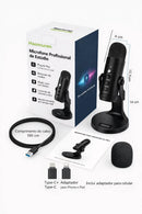 Microfone USB Condensador Cardioide Plug and Play com Fone – Ideal para Podcast, Live e Home Office