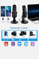 Microfone USB Condensador Cardioide Plug and Play com Fone – Ideal para Podcast, Live e Home Office