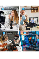 Microfone USB Condensador Cardioide Plug and Play com Fone – Ideal para Podcast, Live e Home Office