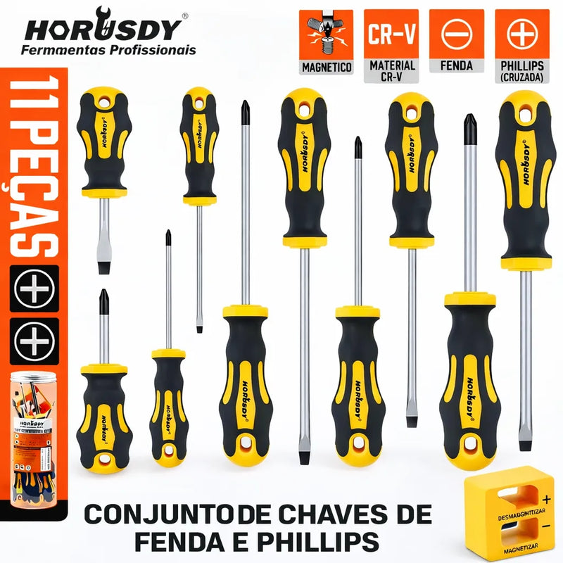 Jogo de Chaves Phillips e Fenda Profissional com Pontas Magnetizadas em Aço CR-V
